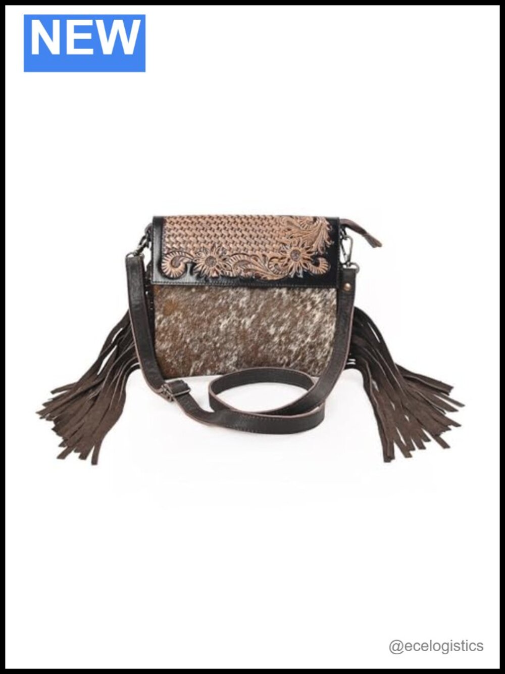 Hand-Tooled Floral Cowhide Leather Shoulder Bag with Fringe Detailing